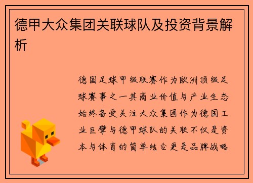 德甲大众集团关联球队及投资背景解析