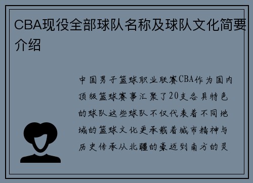 CBA现役全部球队名称及球队文化简要介绍